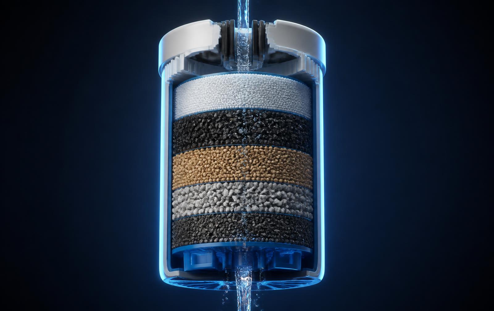 Cutaway of a layered filtration bed with water flowing through the crystallisation media