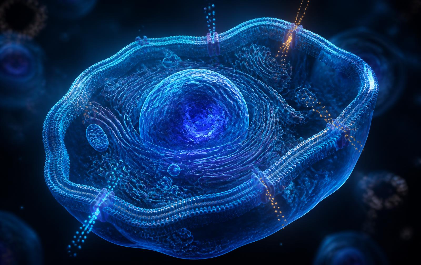 Scientific visualisation of a hydrated cell with mineral ions crossing its membrane