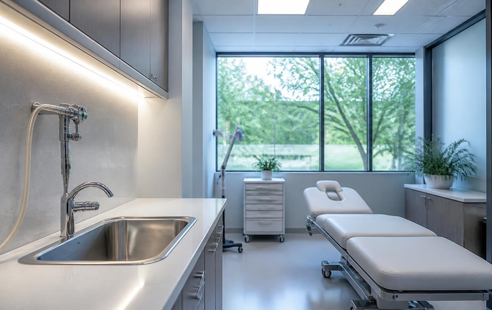 Clean modern clinic treatment room with a stainless sink and water outlet