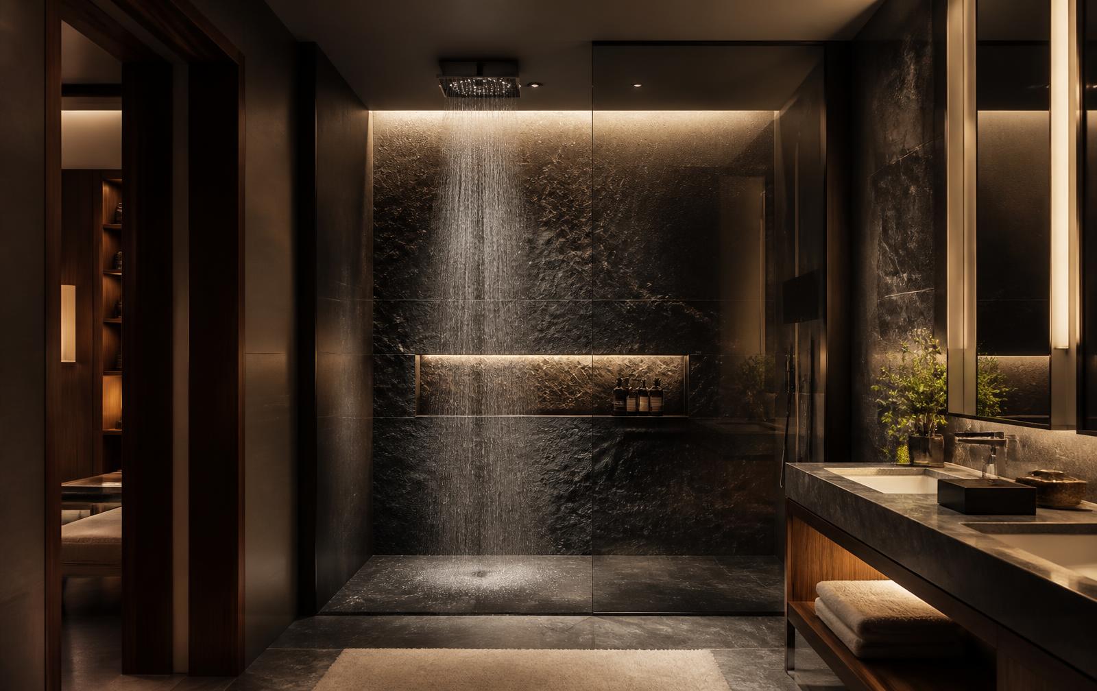 Luxury hotel bathroom with a rain shower running over dark stone