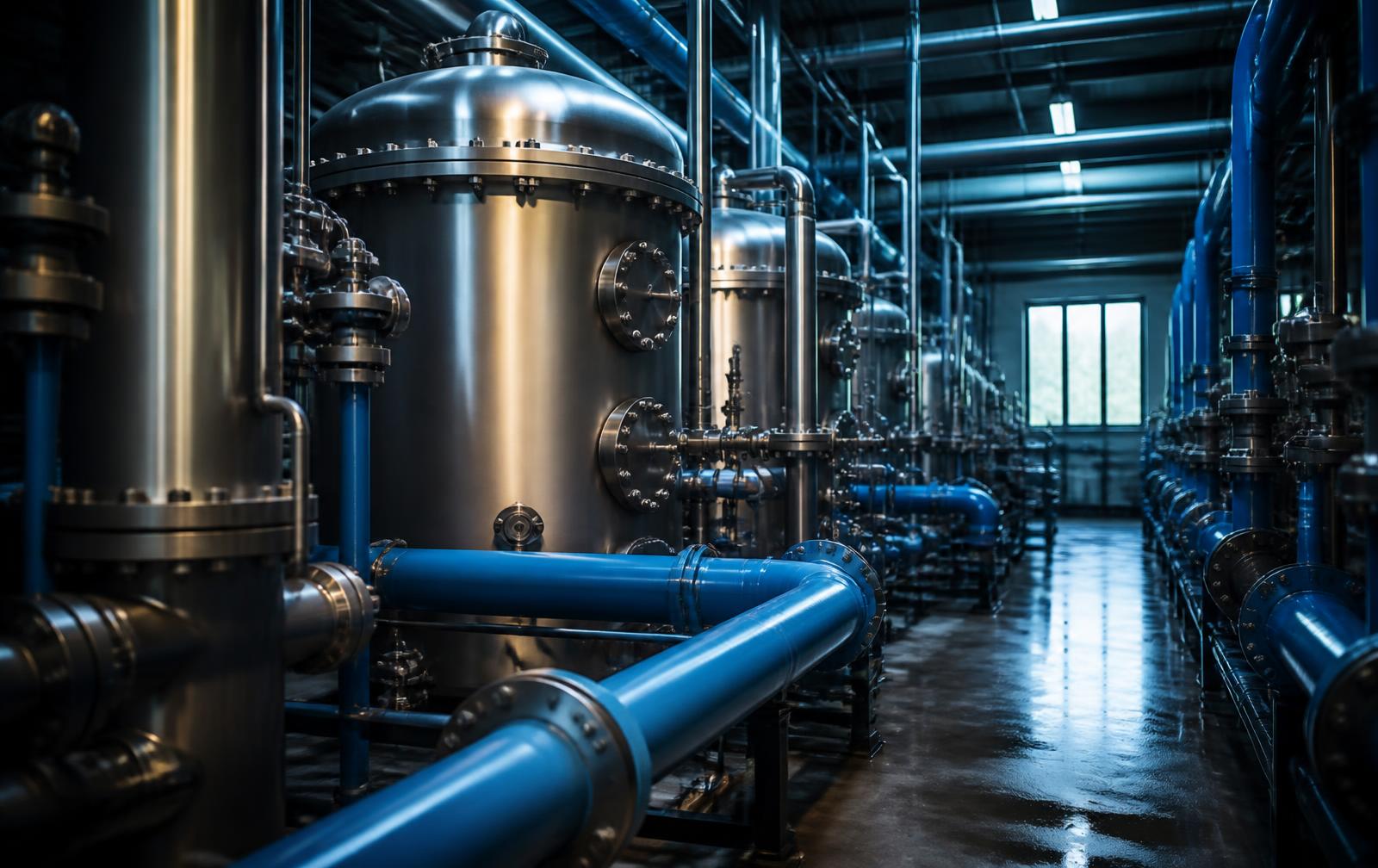 Industrial water treatment plant room with stainless pressure vessels and blue pipework