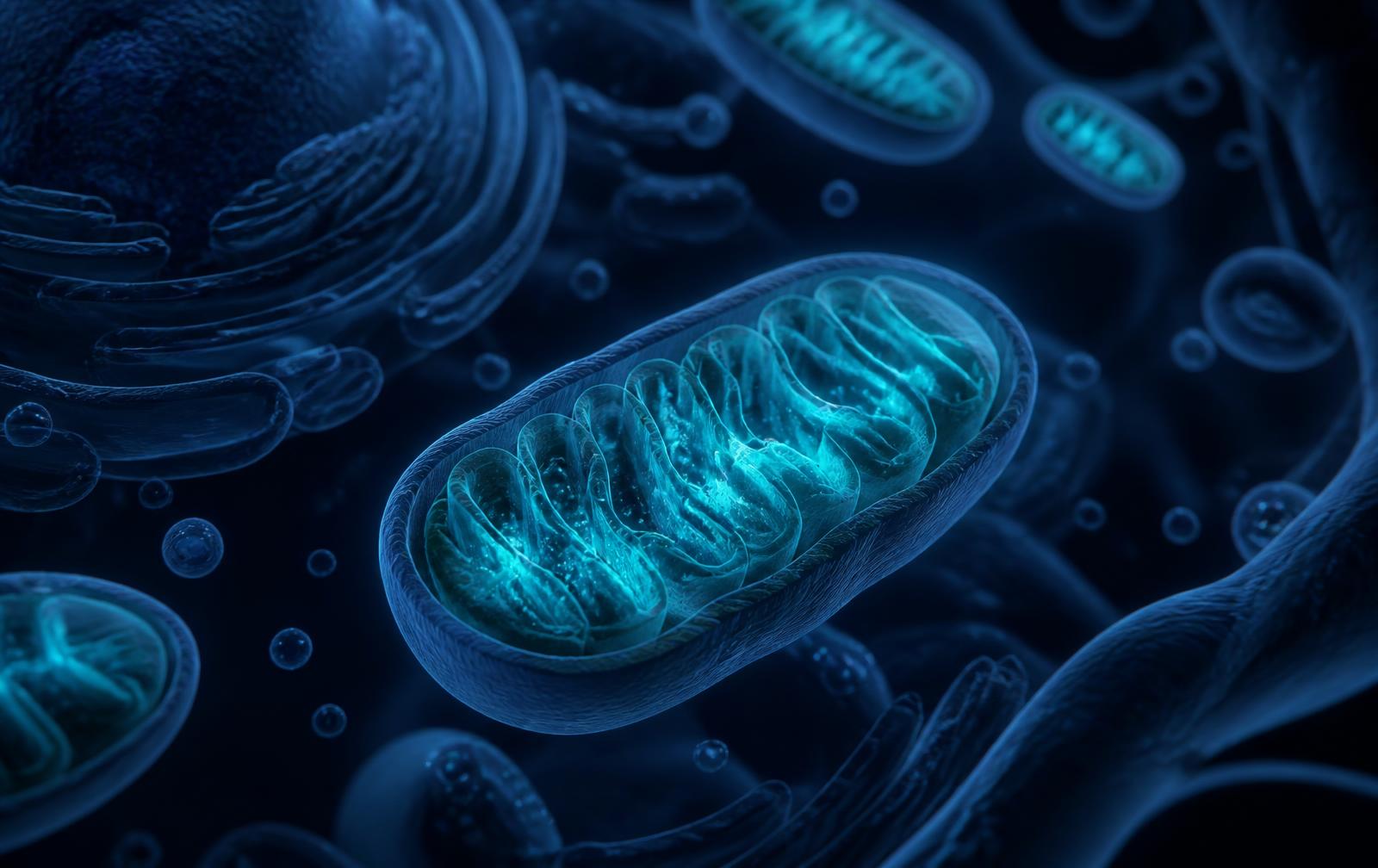 Illustration of mitochondria producing cellular energy in a hydrated cell