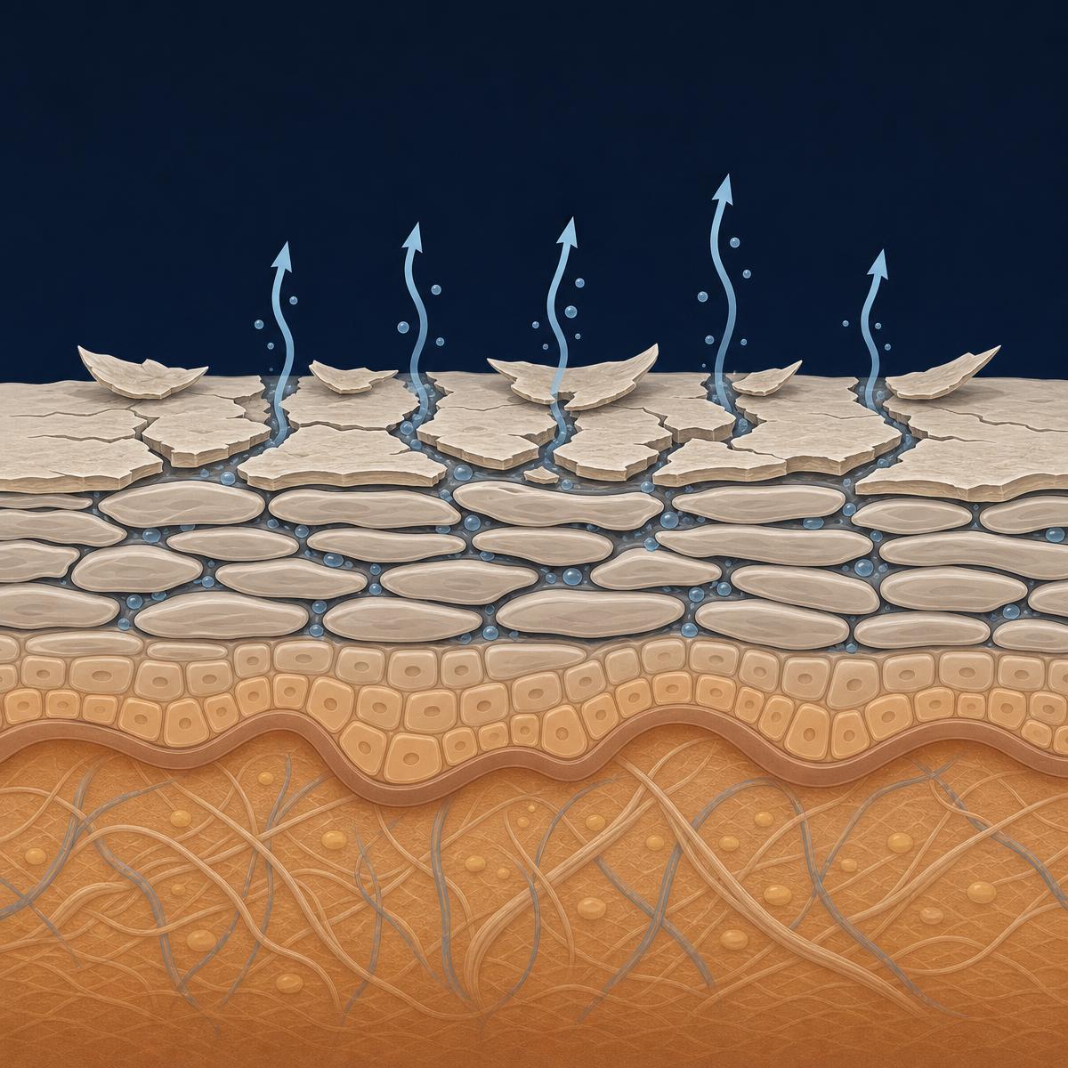 Illustrative cross-section of a dry, fissured skin barrier with separated cell layers