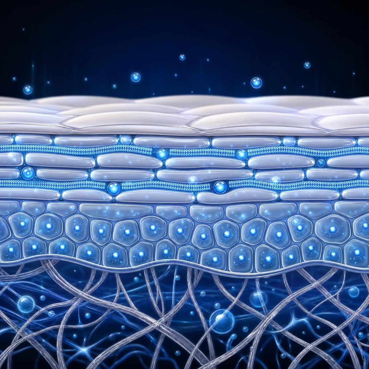 Illustrative cross-section of a hydrated skin barrier with smooth, intact cell layers