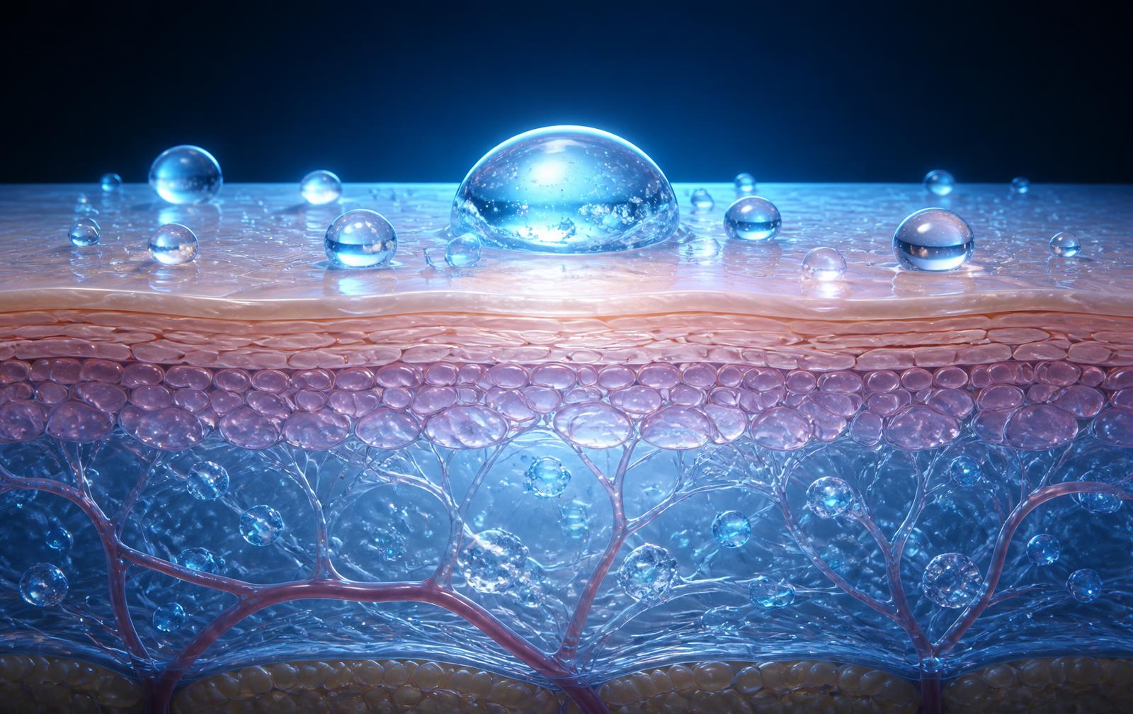 Cross-section visualisation of hydrated skin layers with water droplets on the surface