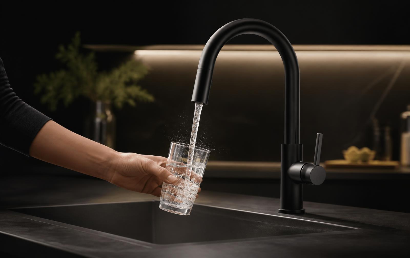 Filtered water being poured from a modern black kitchen tap into a clear glass