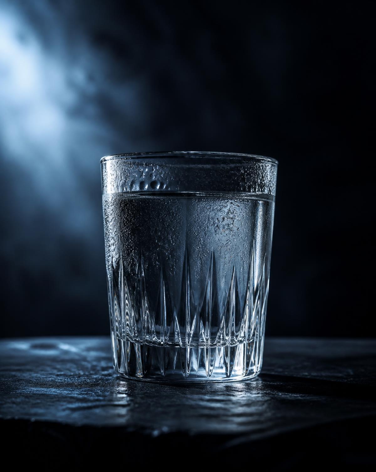 A glass of clear mineral-rich drinking water on a dark stone surface