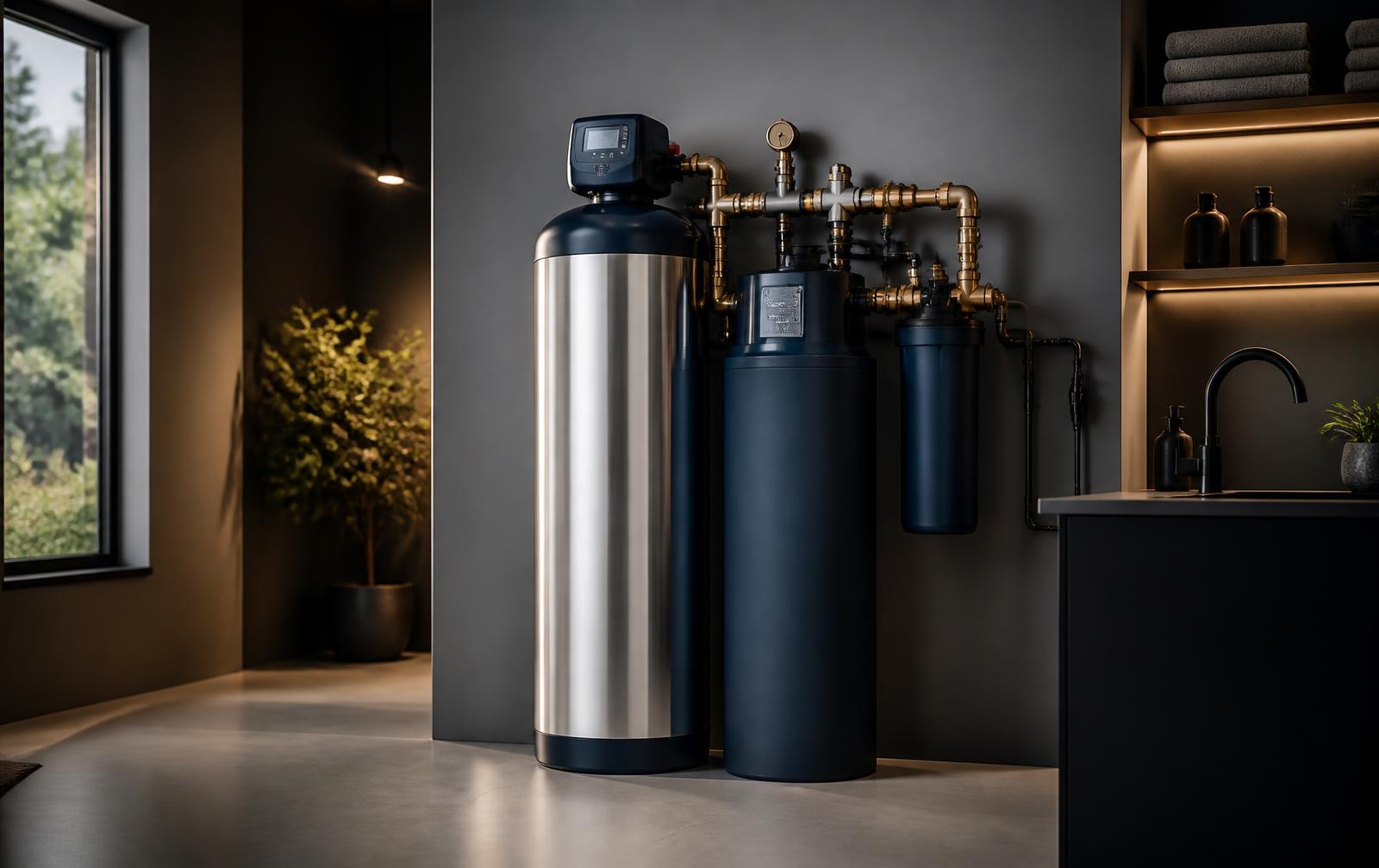 LonGeVa-style whole-house filtration vessel installed in a clean utility room with brass manifold pipework